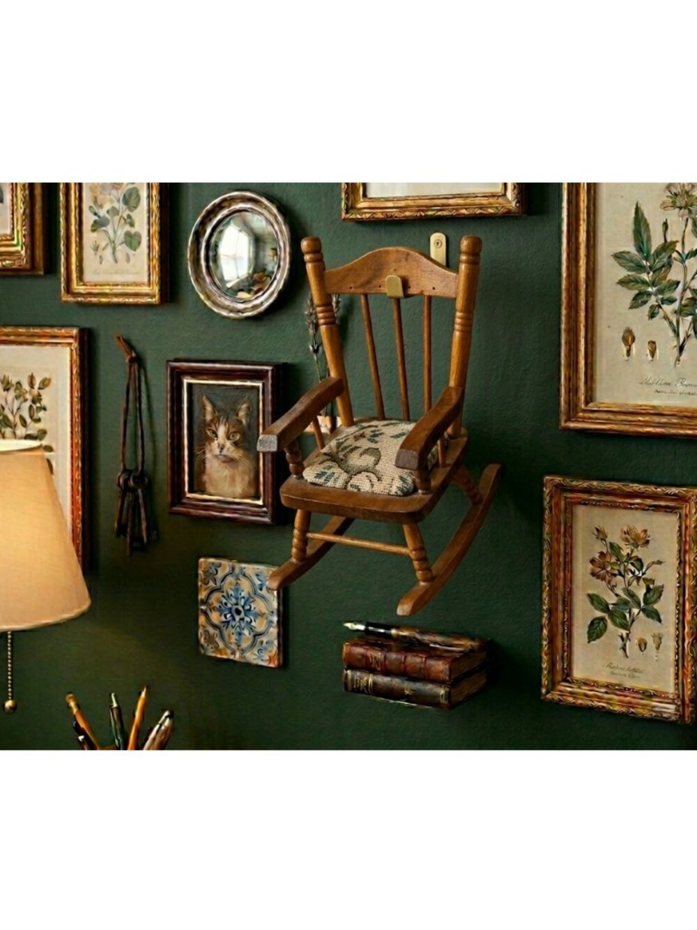 Vintage Miniature Wood Rocking Chair with Tapestry Seat, Small 8"